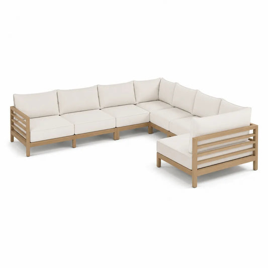Canapé de jardin d'angle 6 places en bois d'acacia avec coussins en polyester blanc cassé 320 x 240 x 70 cm