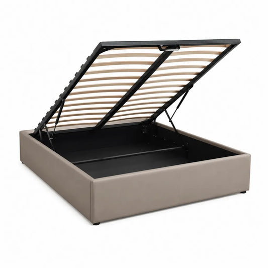 Lit coffre 160 x 200 cm en simili cuir PU taupe avec sommier à lattes relevable