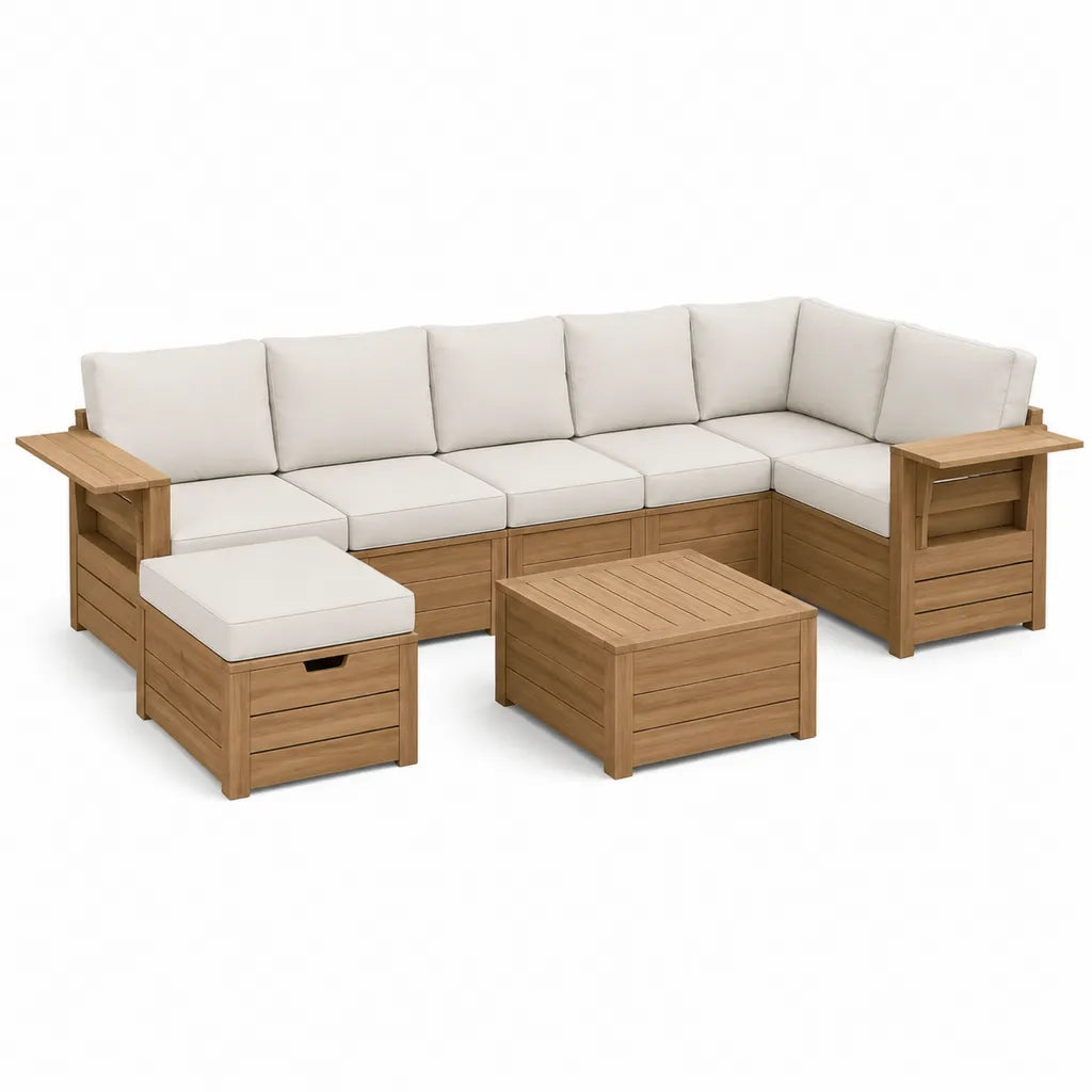 Salon de jardin d’angle 5 places en bois d’acacia avec table basse et pouf blanc cassé 300 x 220 cm
