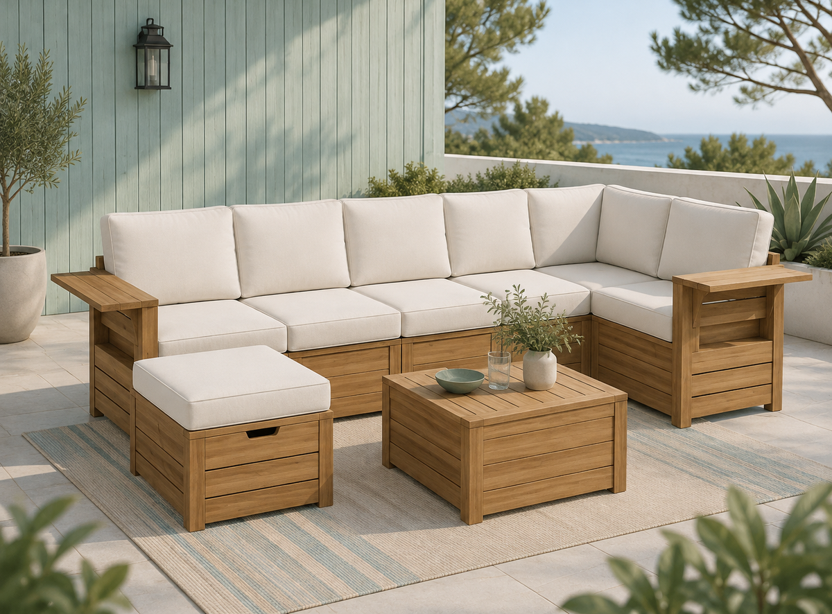 Salon de jardin d’angle 5 places en bois d’acacia avec table basse et pouf blanc cassé 300 x 220 cm
