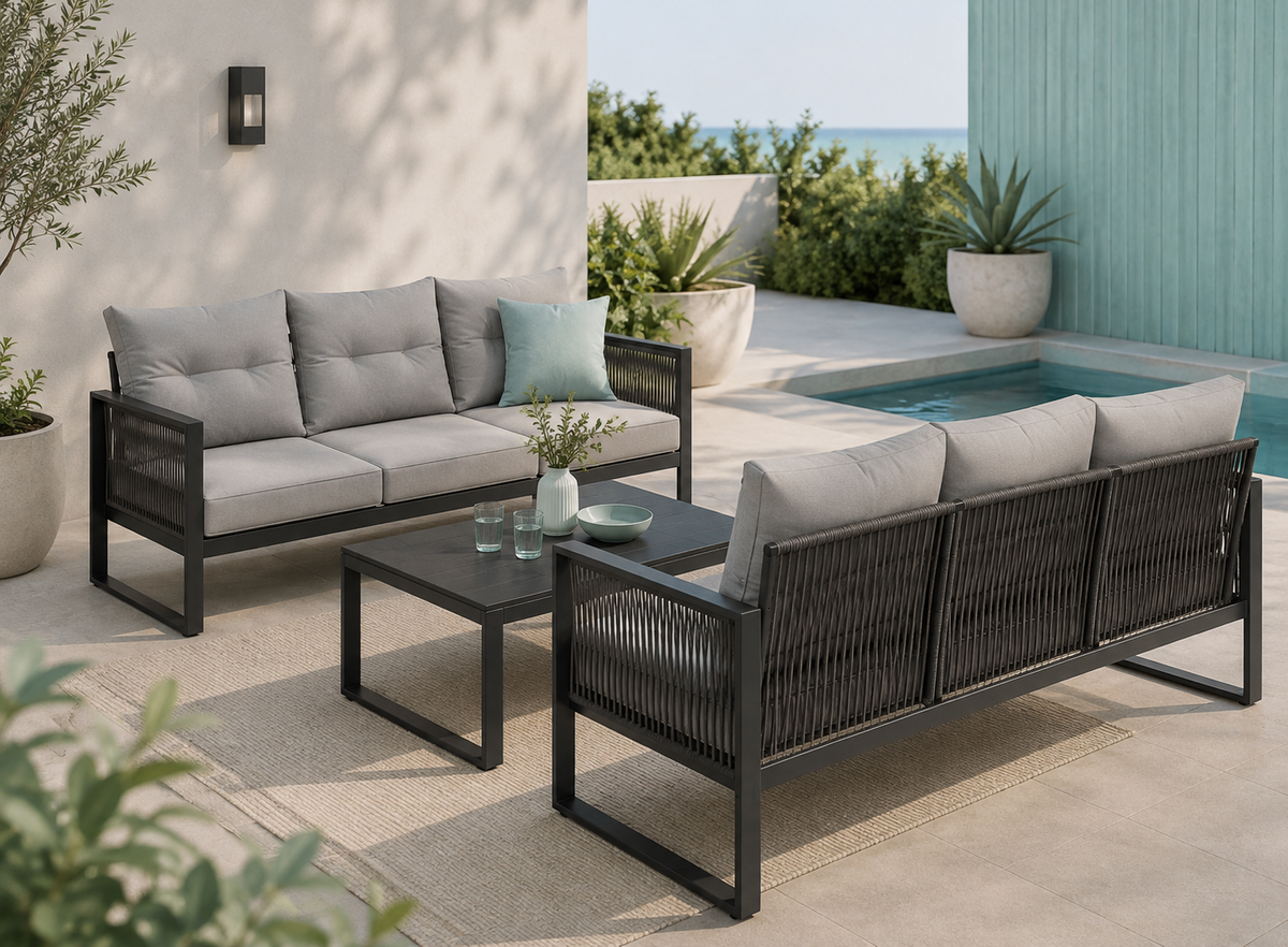 Salon de jardin 5 places avec 2 canapés 3 places et table basse en acier gris anthracite 198 x 80 x 75 cm