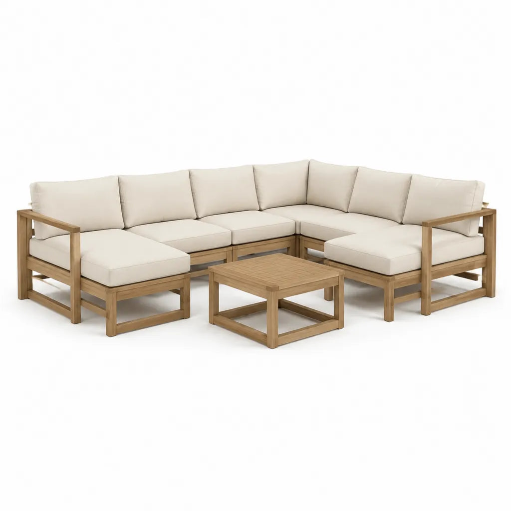 Salon de jardin d'angle 6 pièces en acacia massif avec coussins polyester beige 292 x 225 x 70 cm