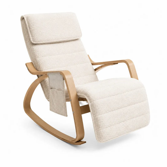 Fauteuil à bascule inclinable à dossier haut avec repose-jambes 67 x 94 x 99 cm en contreplaqué de bouleau et polyester bouclette écru naturel