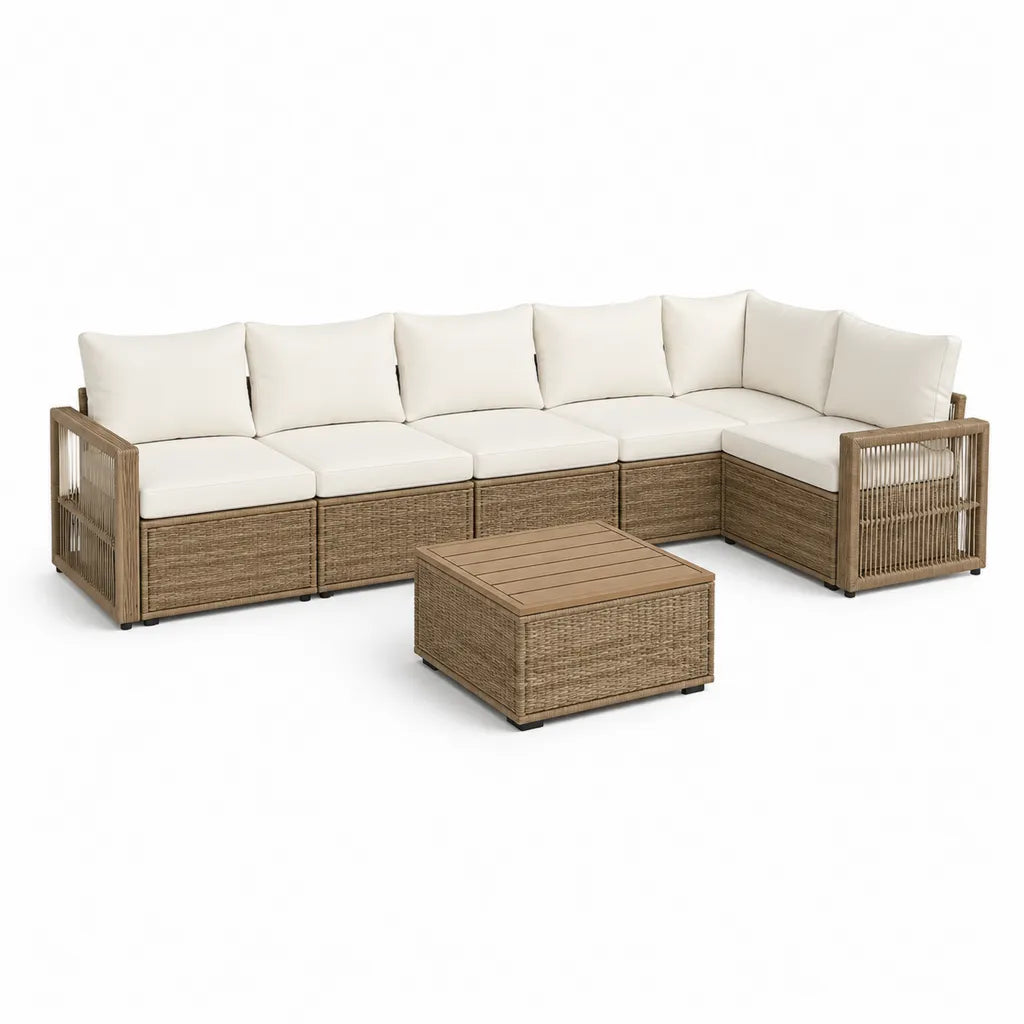 Salon de jardin d'angle 6 pièces avec table basse en résine tressée PE marron et coussins beige 300 x 230 x 75 cm