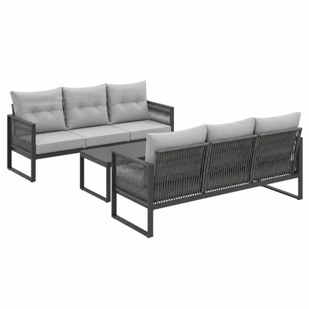 Salon de jardin 5 places avec 2 canapés 3 places et table basse en acier gris anthracite 198 x 80 x 75 cm