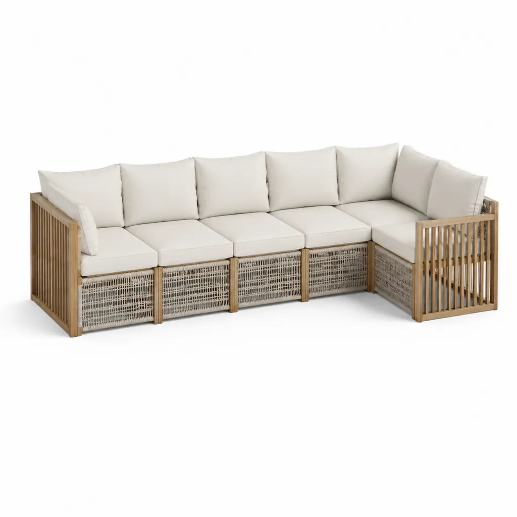 Salon de jardin d'angle 5 places en acacia massif et corde tressée beige 300 x 220 x 70 cm