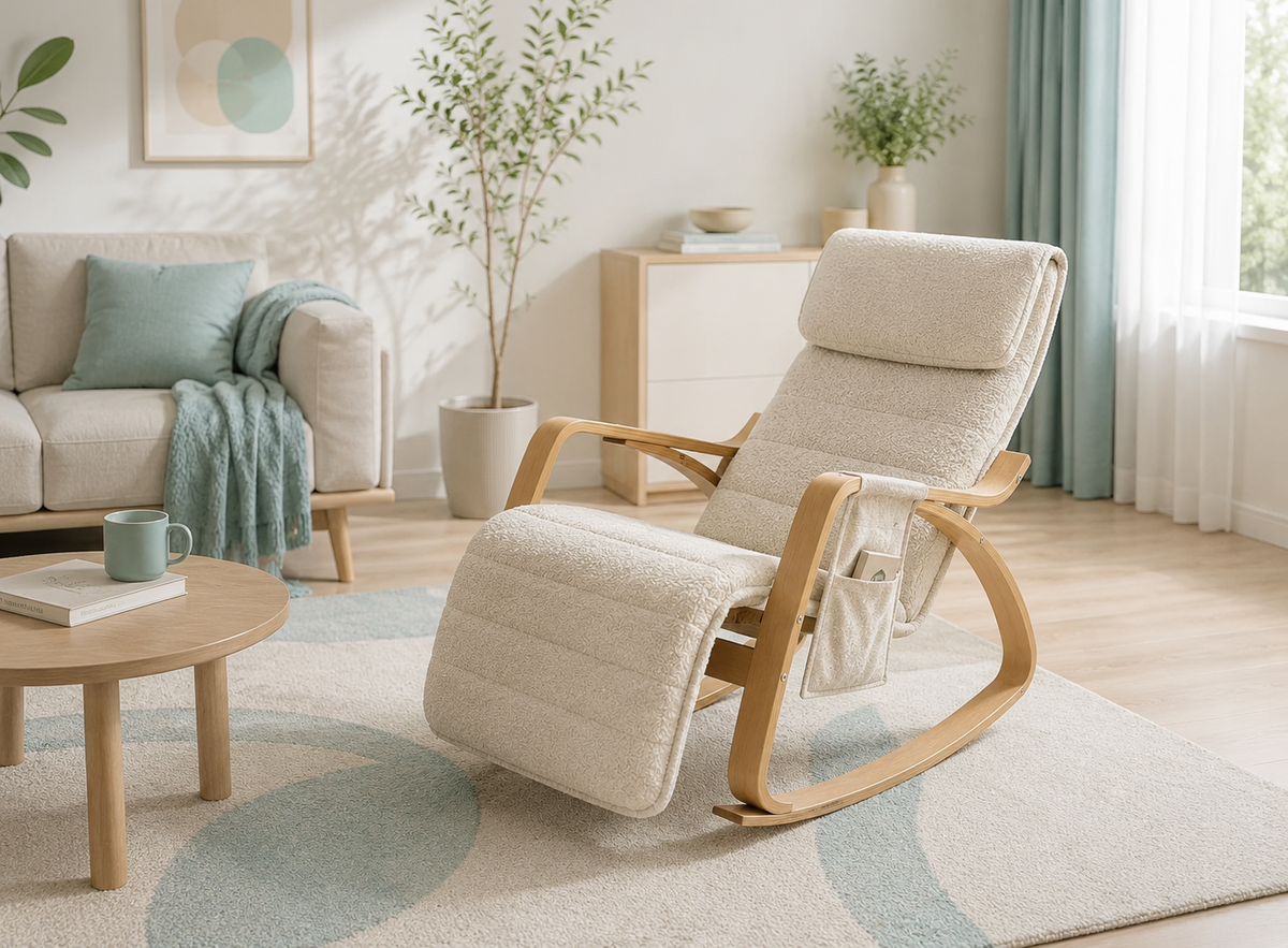 Fauteuil à bascule inclinable à dossier haut avec repose-jambes 67 x 94 x 99 cm en contreplaqué de bouleau et polyester bouclette écru naturel