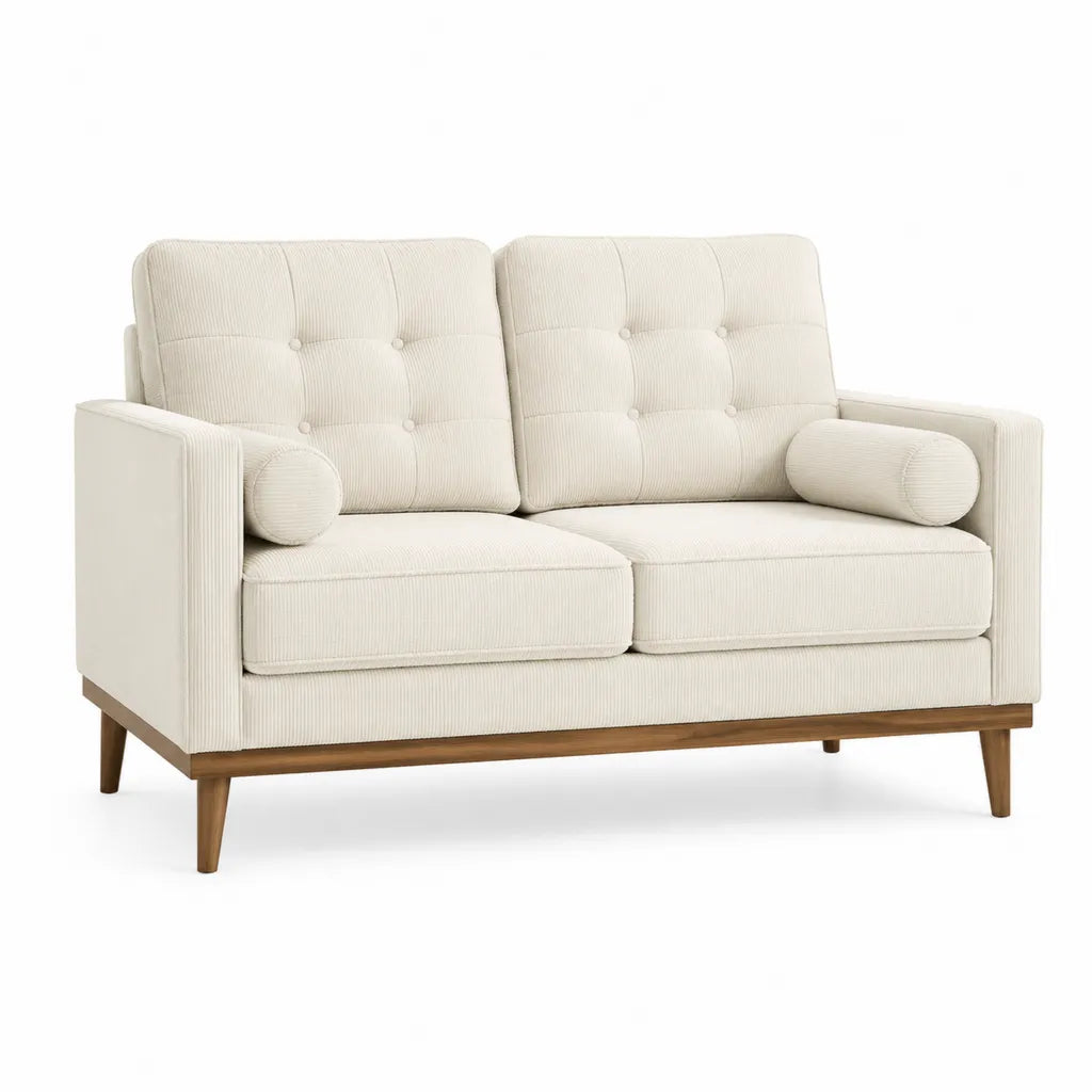 Canapé 2 places en velours côtelé polyester crème avec pieds en bois massif 140 x 83 x 84 cm
