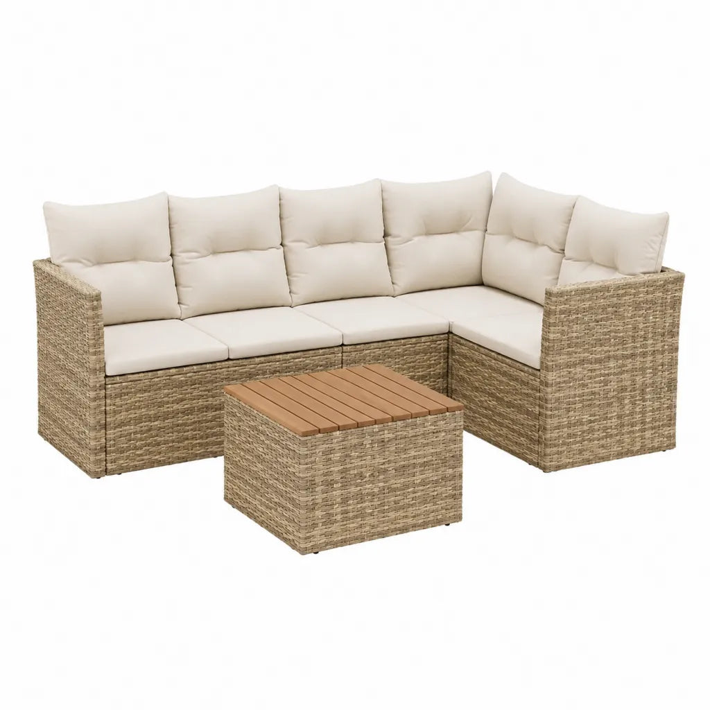 Salon de jardin d’angle 3 pièces en résine tressée PE beige avec table carrée 210 x 210 x 70 cm