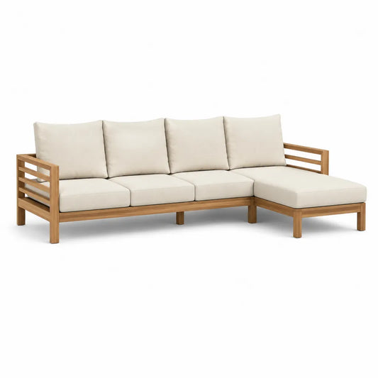 Canapé de jardin d'angle 4 places avec méridienne en bois d'acacia massif beige 250 x 160 x 76 cm