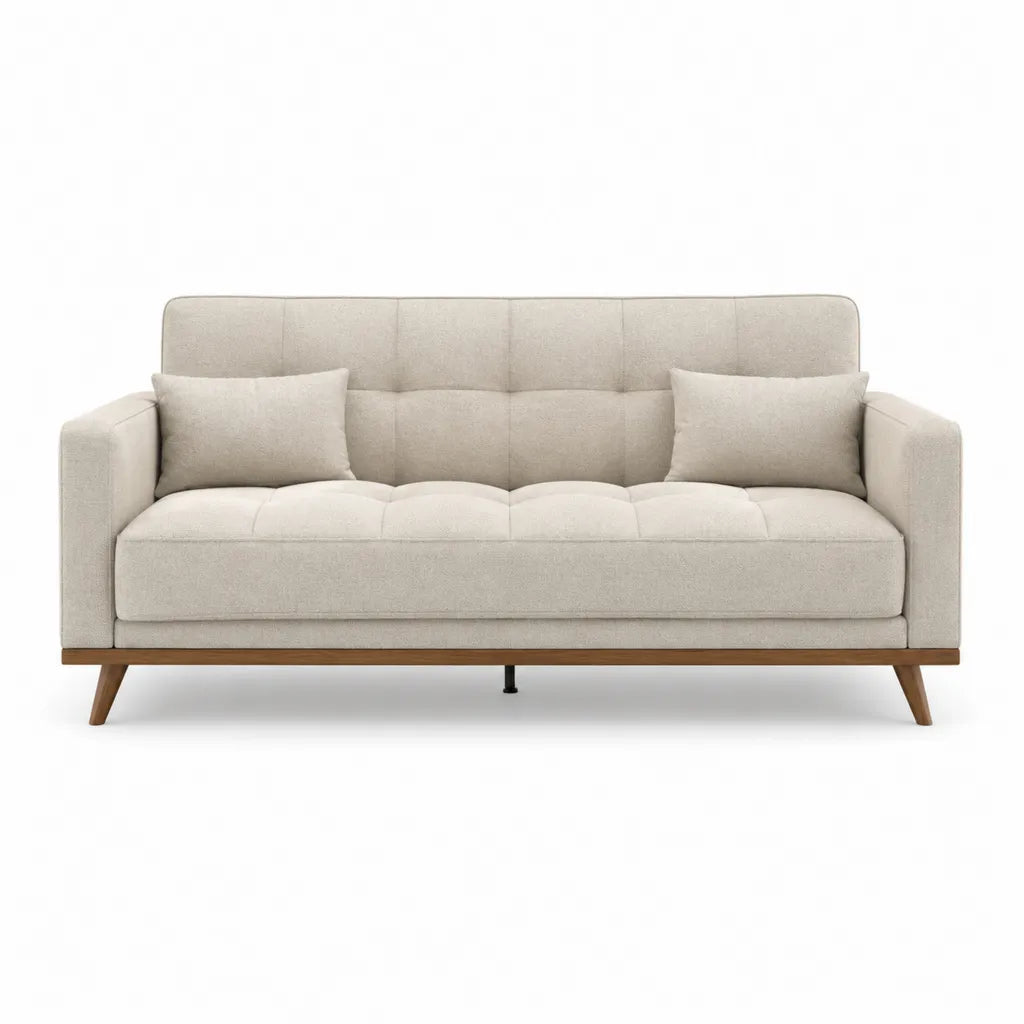 Canapé 3 places droit en polyester beige avec pieds en bois massif 200 x 90 x 85 cm
