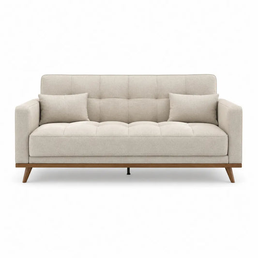 Canapé 3 places droit en polyester beige avec pieds en bois massif 200 x 90 x 85 cm