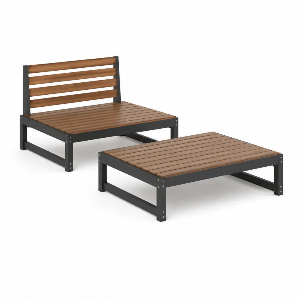 Ensemble canapé de jardin 2 places avec table basse 120 x 65 cm en acier et acacia marron anthracite