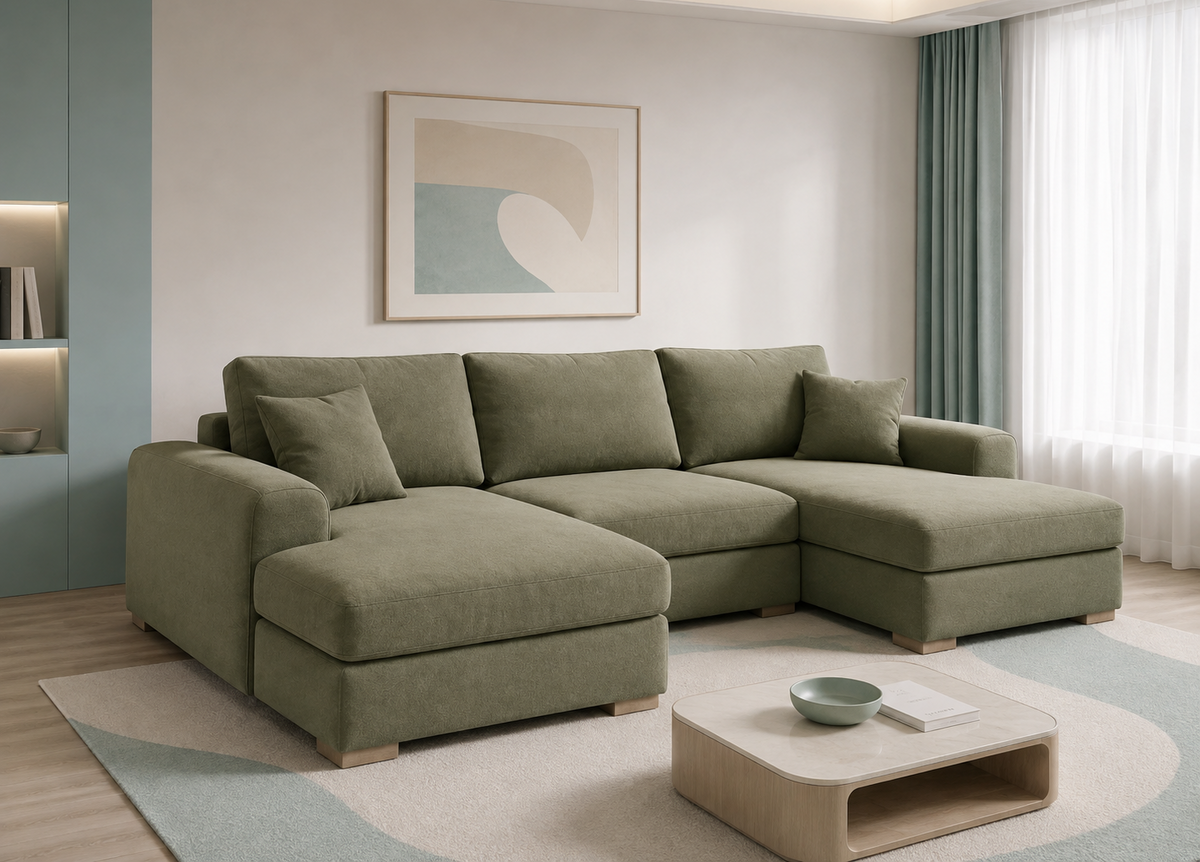 Canapé d’angle panoramique 4 places en polyester vert kaki 300 x 160 x 85 cm