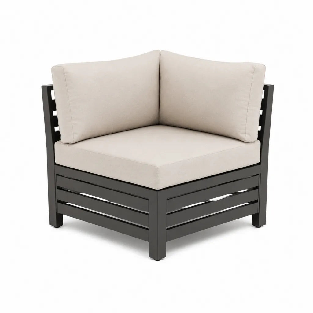 Fauteuil d’angle de jardin 1 place en aluminium noir avec coussins polyester beige 70 x 70 x 65 cm
