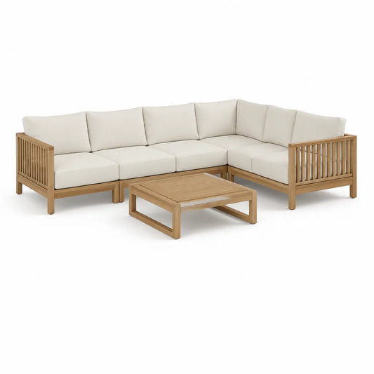 Salon de jardin d’angle 3 places avec table basse 250 x 190 cm en acacia massif beige naturel