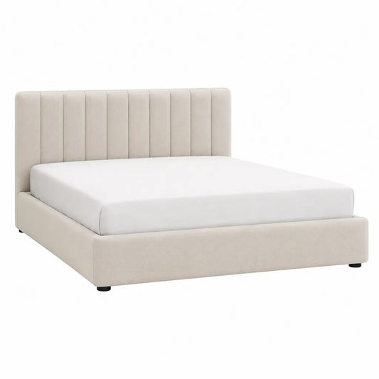 Lit coffre 160 x 200 cm en polyester beige avec tête de lit capitonnée rectangulaire