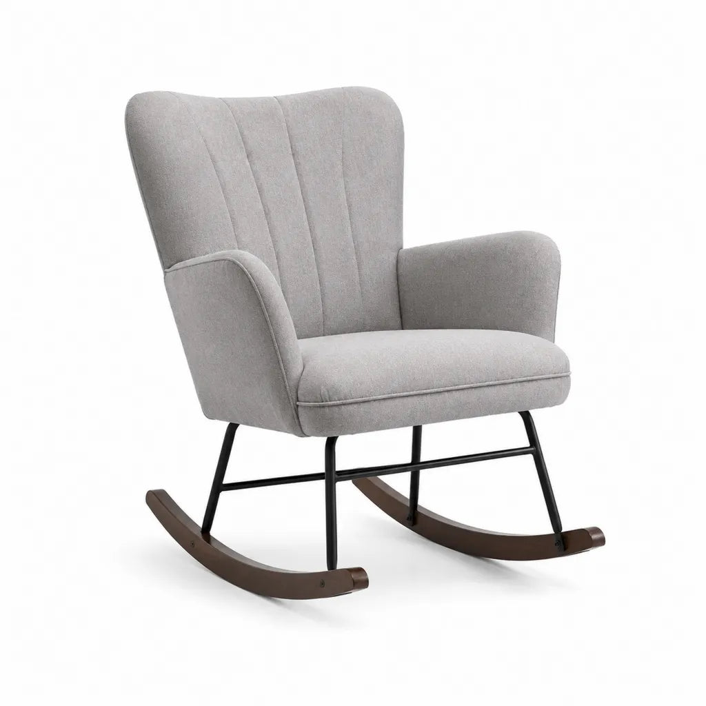 Fauteuil à bascule à dossier haut en polyester gris avec piètement en acier et patins en hêtre 68 x 88 x 98 cm