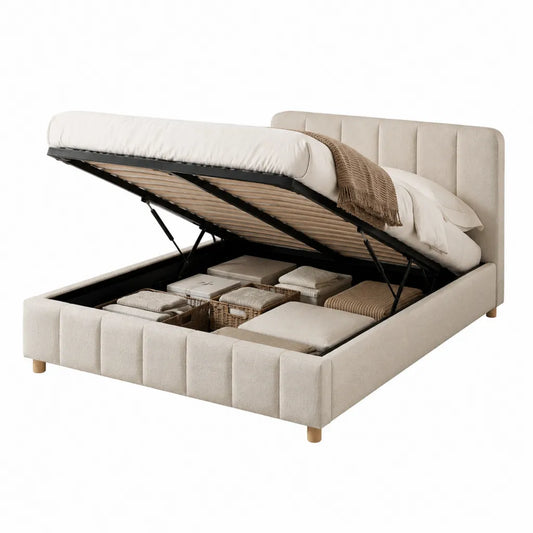 Lit coffre 160 x 200 cm en polyester beige avec sommier relevable et tête de lit capitonnée